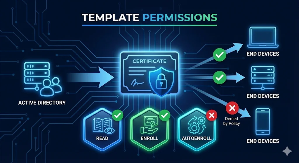 ADCS template permissions showing Read, Enroll, and Autoenroll