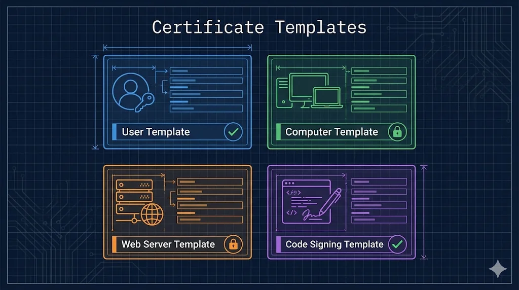 Certificate Templates showing User Template, Computer Template, Web Server Template, and Code Signing Template