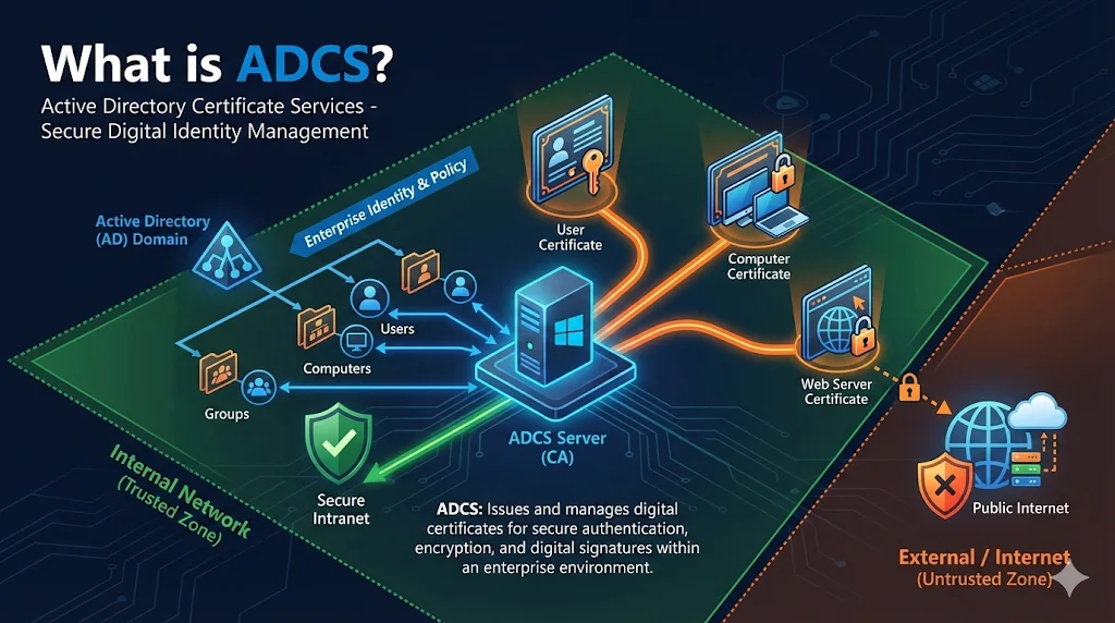 What is ADCS - Active Directory Certificate Services overview showing certificate issuance to users, computers, and web servers within an enterprise network