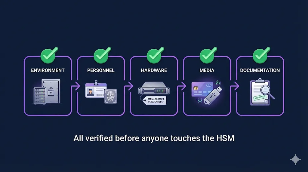 Pre-ceremony checklist flow: Environment, Personnel, Hardware, Media, and Documentation — all verified before anyone touches the HSM