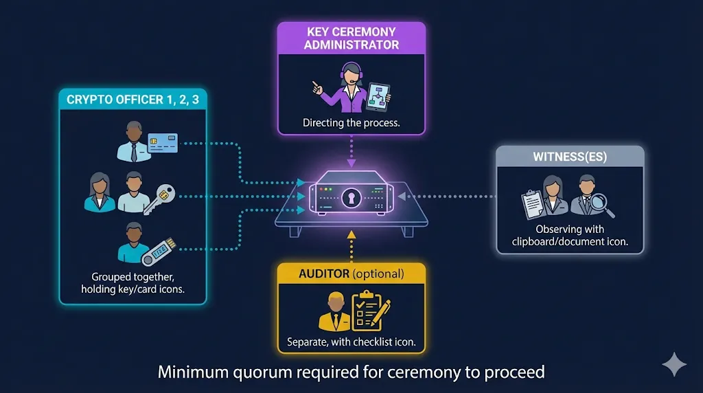 Key ceremony roles diagram showing the Key Ceremony Administrator directing the process, Crypto Officers holding key shares, Witnesses observing with documentation, and an optional Auditor — minimum quorum required to proceed
