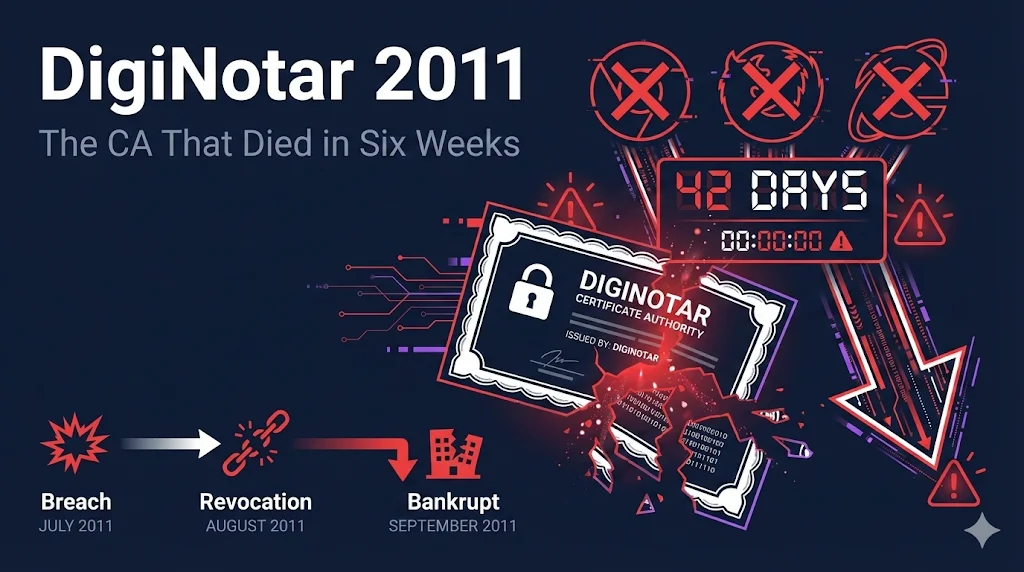 DigiNotar 2011: The CA That Died in Six Weeks - Timeline showing breach in July 2011, revocation in August 2011, and bankruptcy in September 2011
