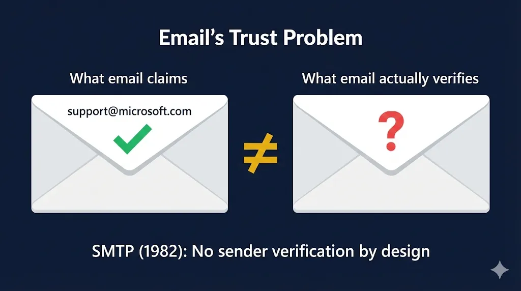 Email's trust problem: what email claims vs what email actually verifies — SMTP (1982) has no sender verification by design