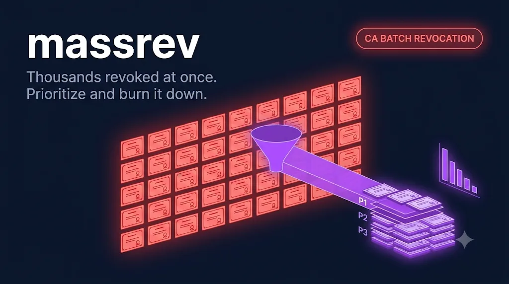 massrev — a wall of revoked certificates sorted through a purple funnel into P1, P2, and P3 priority stacks for a CA batch revocation