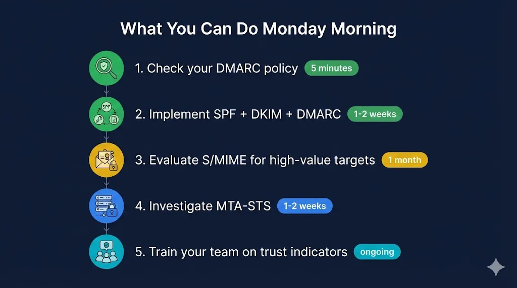 What you can do Monday morning: check DMARC policy, implement SPF + DKIM + DMARC, evaluate S/MIME, investigate MTA-STS, train your team