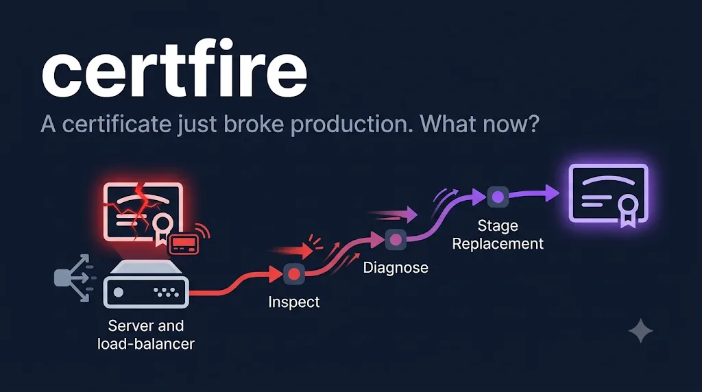 certfire — a cracked certificate over a server with a red-to-purple inspect, diagnose, and stage-replacement flow