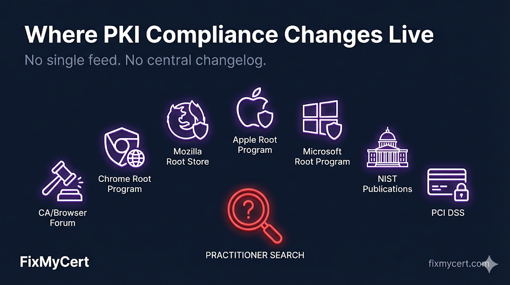 Where PKI compliance changes live — CA/Browser Forum, Chrome Root Program, Mozilla Root Store, Apple Root Program, Microsoft Root Program, NIST Publications, PCI DSS — no single feed, no central changelog