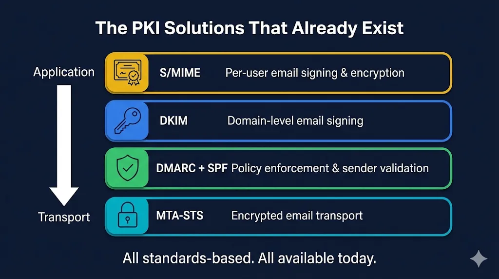 The PKI solutions that already exist: S/MIME, DKIM, DMARC + SPF, and MTA-STS — all standards-based, all available today